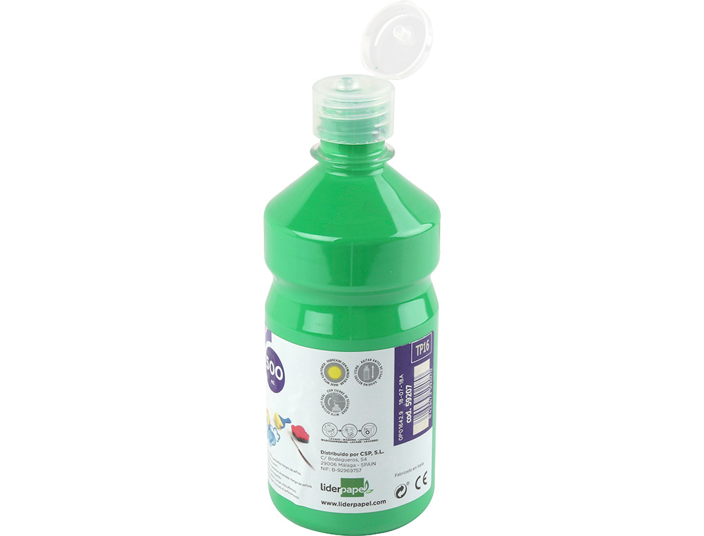 GOUACHE SCOLAIRE LIDERPAPEL LIQUIDE LAVABLE FERMETURE SCURIT BRILLANTE COLORIS VERT FLACON 500ML