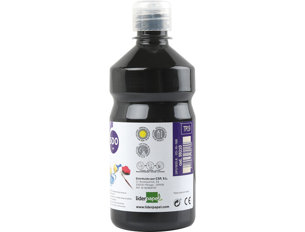 GOUACHE SCOLAIRE LIDERPAPEL LIQUIDE LAVABLE FERMETURE SCURIT BRILLANTE COLORIS NOIR FLACON 500ML