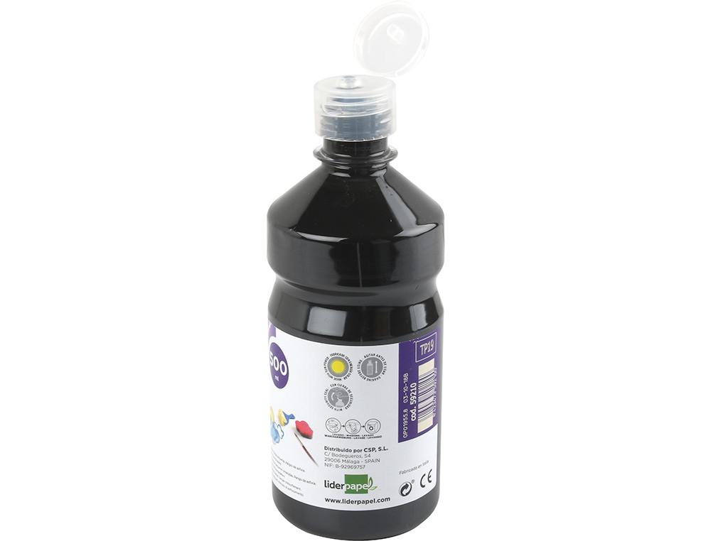 GOUACHE SCOLAIRE LIDERPAPEL LIQUIDE LAVABLE FERMETURE SCURIT BRILLANTE COLORIS NOIR FLACON 500ML