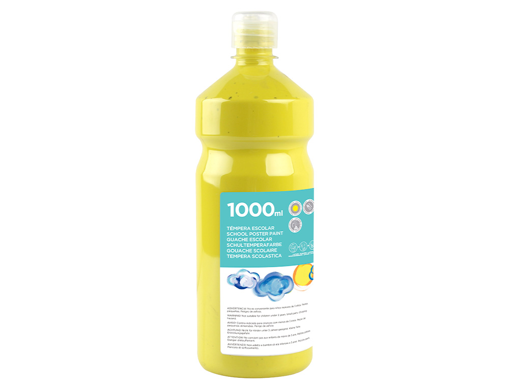 GOUACHE SCOLAIRE LIDERPAPEL LIQUIDE LAVABLE FERMETURE SCURIT BRILLANTE COLORIS JAUNE CITRON FLACON 1000ML