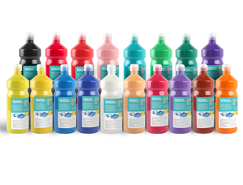 GOUACHE SCOLAIRE LIDERPAPEL LIQUIDE LAVABLE FERMETURE SCURIT BRILLANTE COLORIS JAUNE CITRON FLACON 1000ML
