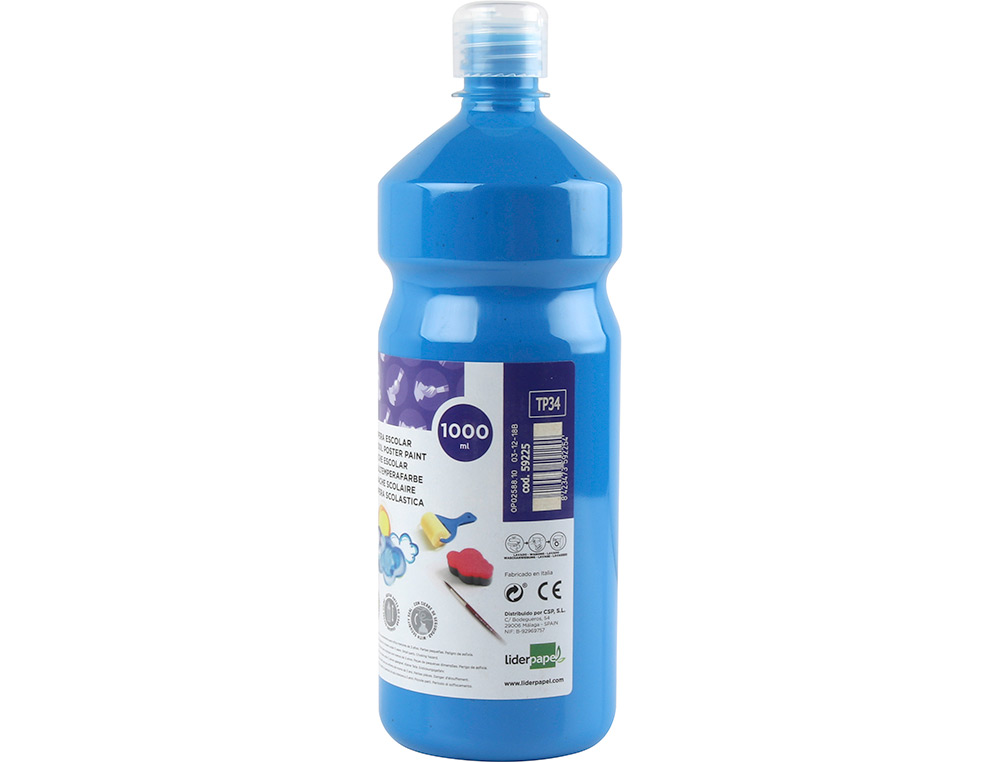 GOUACHE SCOLAIRE LIDERPAPEL LIQUIDE LAVABLE FERMETURE SCURIT BRILLANTE COLORIS BLEU FLACON 1000ML