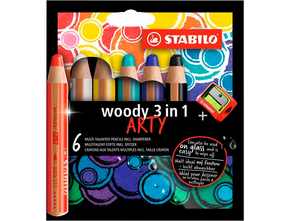 CRAYONS MULTI-TALENTS STABILO WOODY 3IN1 + 1 TAILLE-CRAYON  ETUI CARTON DE 6