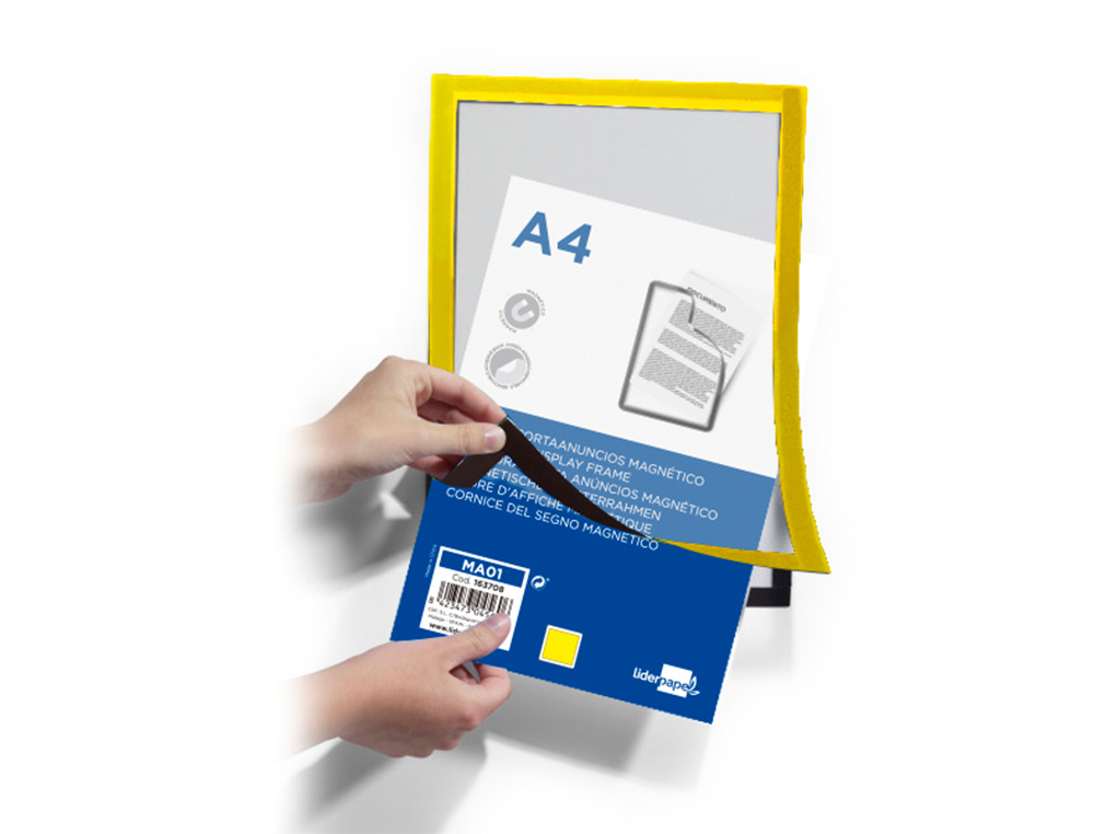 CADRE AFFICHAGE LIDERPAPEL MURAL MAGNETIQUE A4 DOS       ADHESIF REPOSITIONNABLE       COLORIS JAUNE