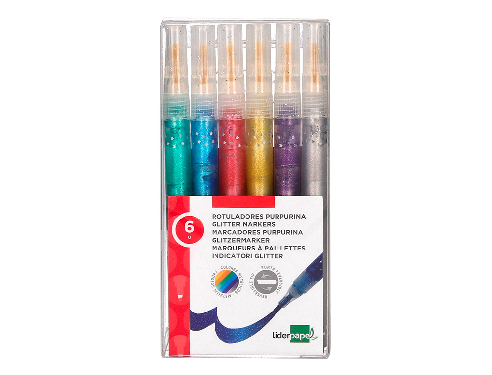 FEUTRE LIDERPAPEL ENCRE METALLISEE PAILLETEE DOUBLE   POINTE ETUI DE 6U ASSORTIES