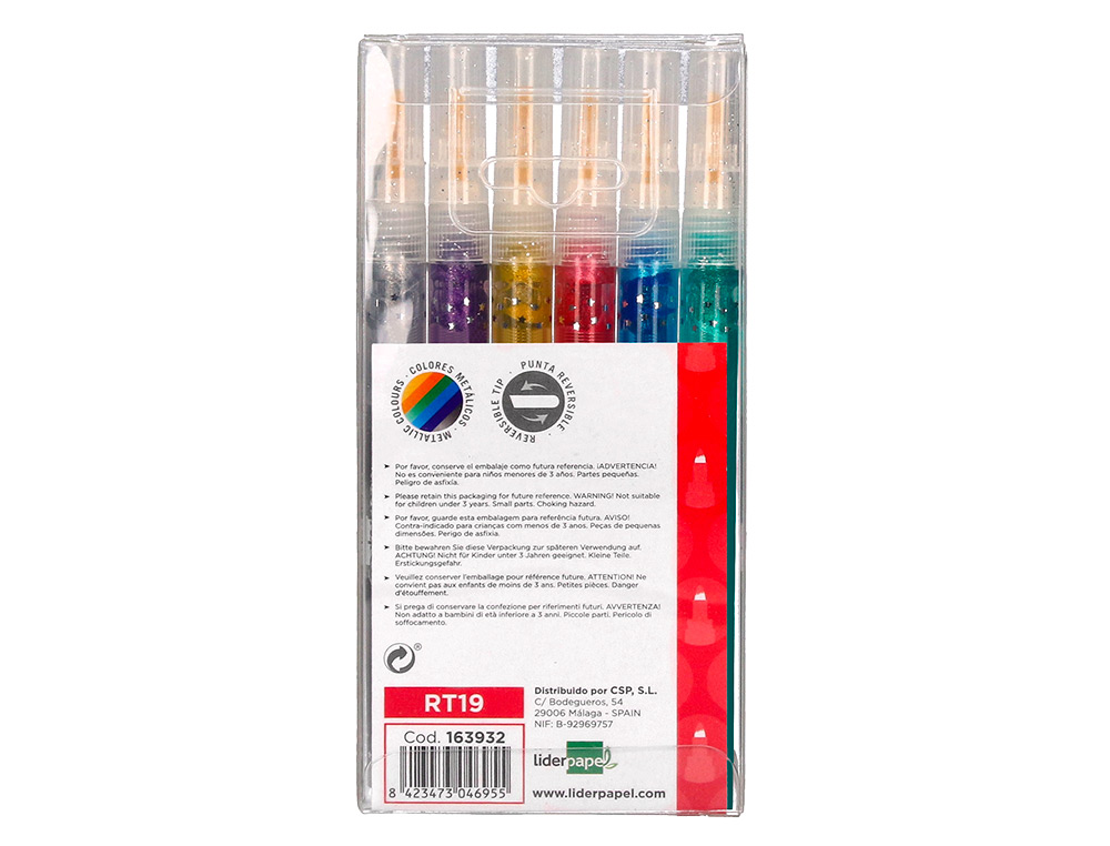 FEUTRE LIDERPAPEL ENCRE METALLISEE PAILLETEE DOUBLE   POINTE ETUI DE 6U ASSORTIES