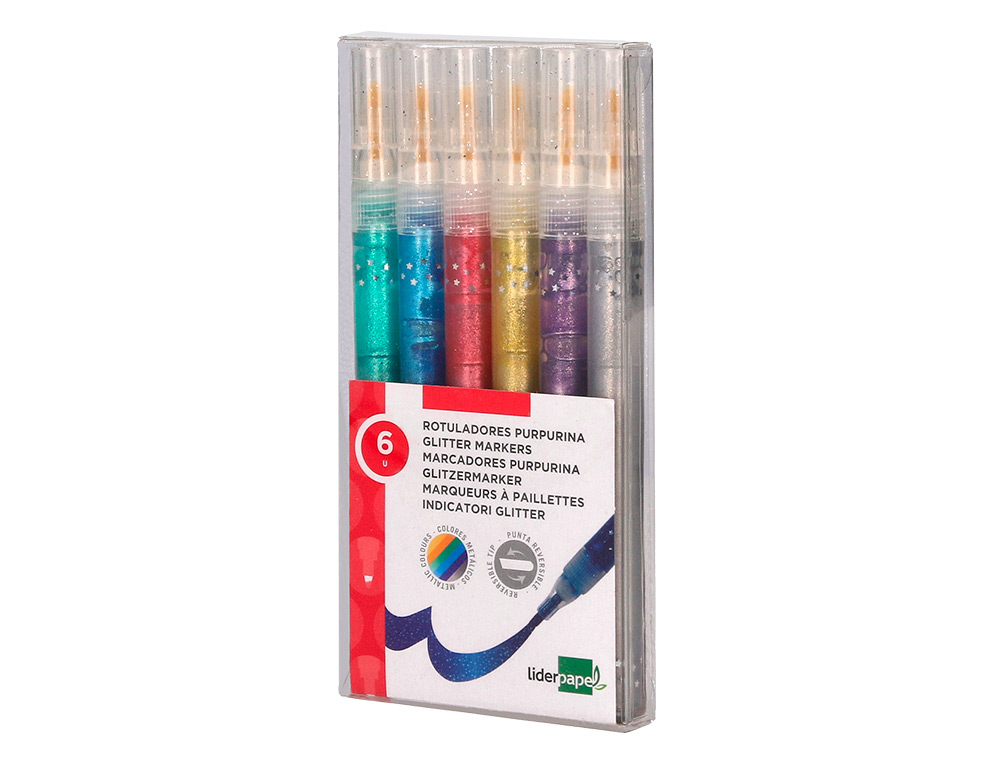 FEUTRE LIDERPAPEL ENCRE METALLISEE PAILLETEE DOUBLE   POINTE ETUI DE 6U ASSORTIES