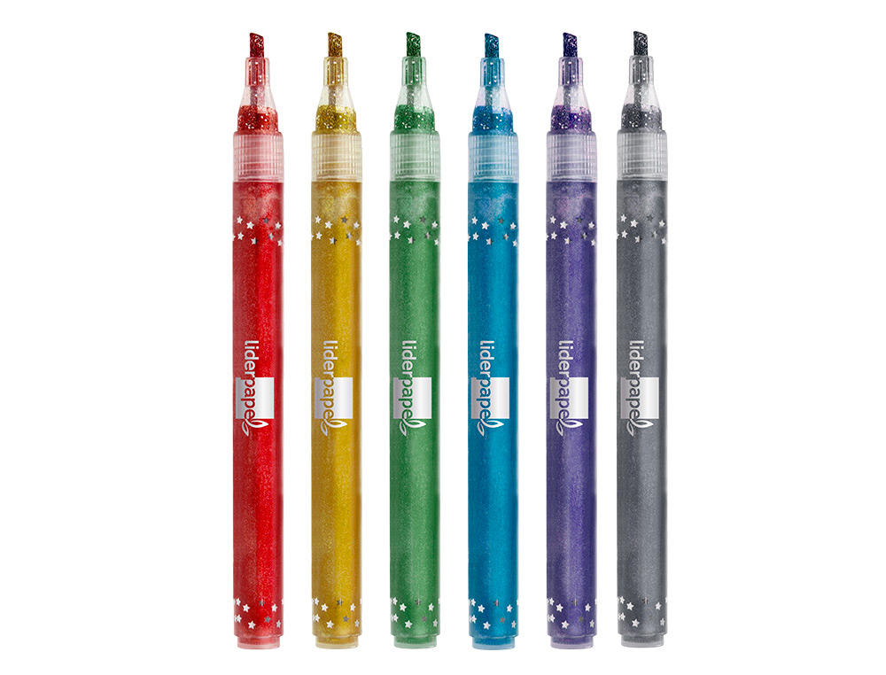 FEUTRE LIDERPAPEL ENCRE METALLISEE PAILLETEE DOUBLE   POINTE ETUI DE 6U ASSORTIES