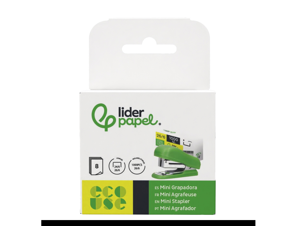 MINI AGRAFEUSE LIDERPAPEL ECOUSE CAPACITE 12 FEUILLES   100% PLASTIQUE RECYCLE BOITE  DE 1000 AGRAFES INCLUSE