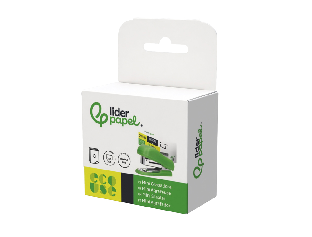 MINI AGRAFEUSE LIDERPAPEL ECOUSE CAPACITE 12 FEUILLES   100% PLASTIQUE RECYCLE BOITE  DE 1000 AGRAFES INCLUSE