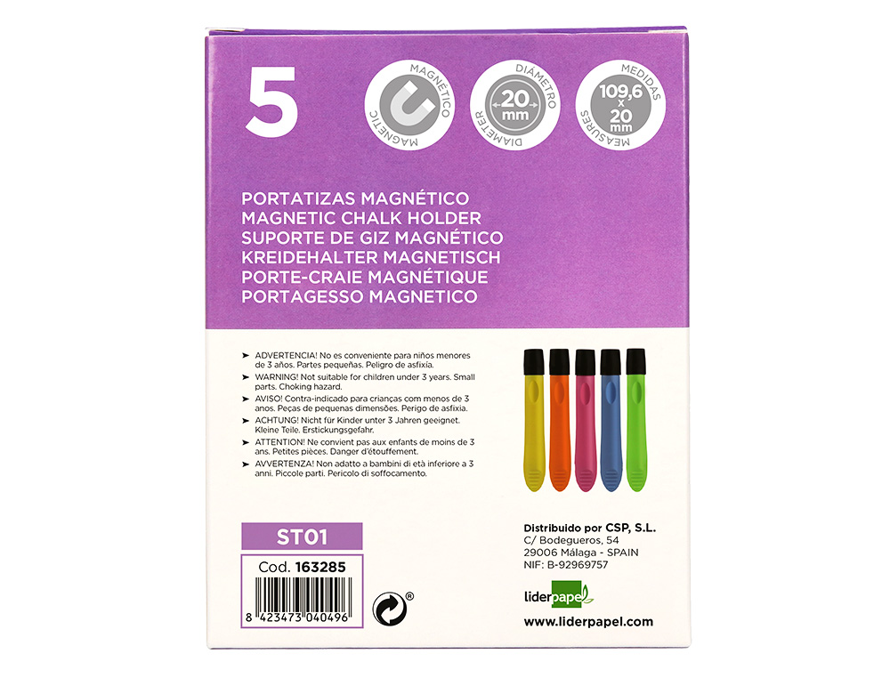 PORTE-CRAIE LIDERPAPEL EN PLASTIQUE MAGNETIQUE PACK DE  5 COLORIS ASSORTIS