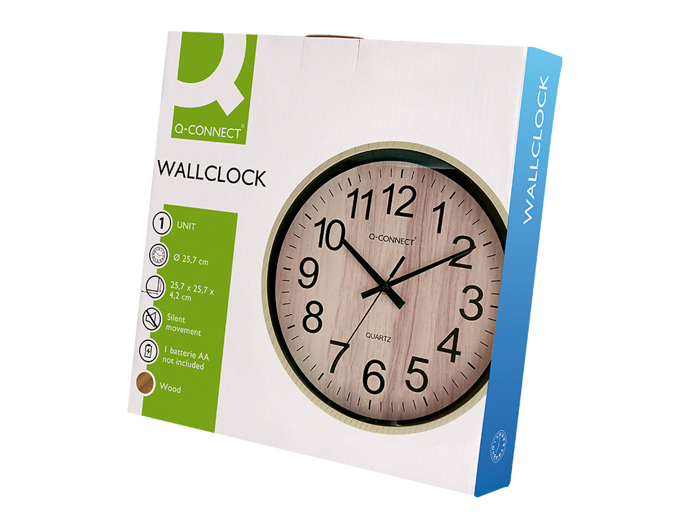HORLOGE Q-CONNECT MURALE PLASTIQUE RONDE DIAMETRE 25,7CM MECANISME SILENCIEUX COLORIS BOIS NATUREL