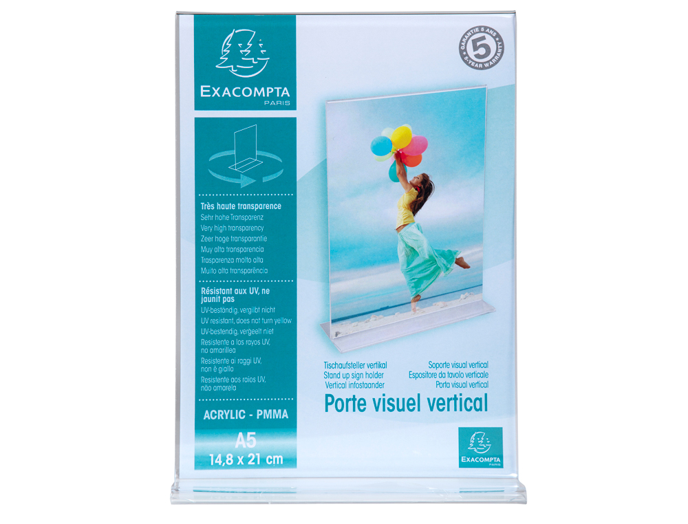 PORTE-VISUEL EXACOMPTA ACRYLIQUE DROIT VERTICAL A5   COLORIS CRISTAL