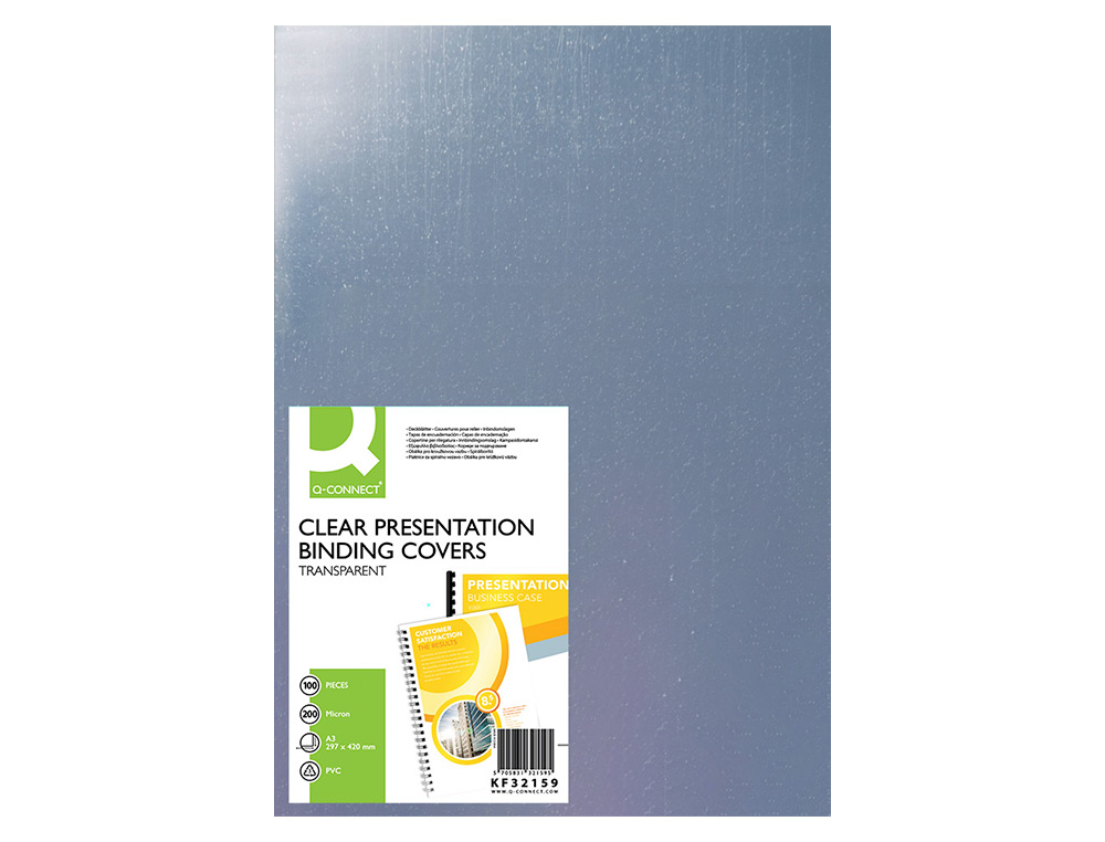 PLAT COUVERTURE Q-CONNECT PVC 200 MICRONS A3 RELIEURS SPIRALES PEIGNES ANNEAUX INCOLORE PAQUET 100 UNITS