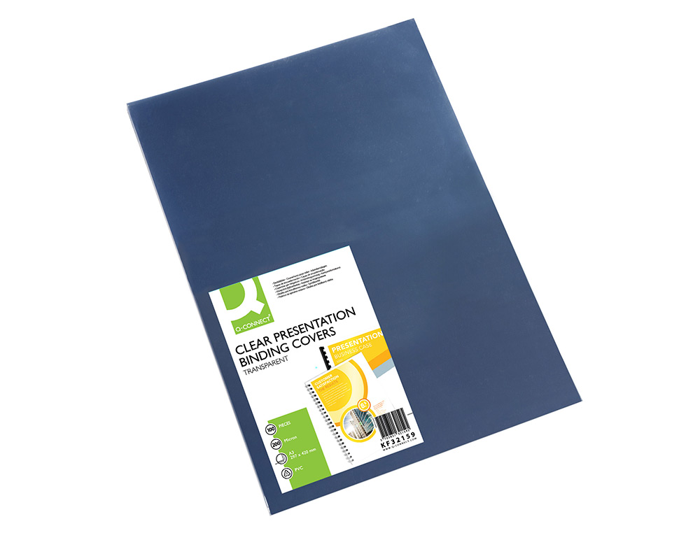 PLAT COUVERTURE Q-CONNECT PVC 200 MICRONS A3 RELIEURS SPIRALES PEIGNES ANNEAUX INCOLORE PAQUET 100 UNITS