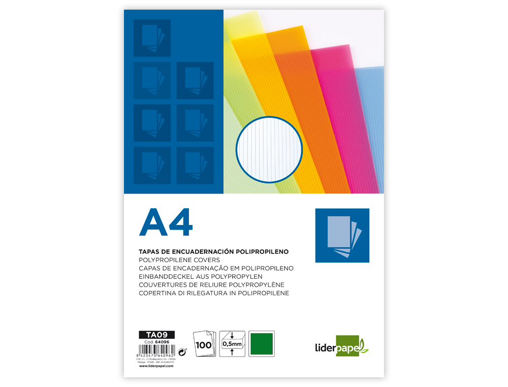 PLAT COUVERTURE LIDERPAPEL PP ONDUL TRANSLUCIDE 0.8MM A4 DOSSIER RELIURE VERT PAQUET 50 UNITS
