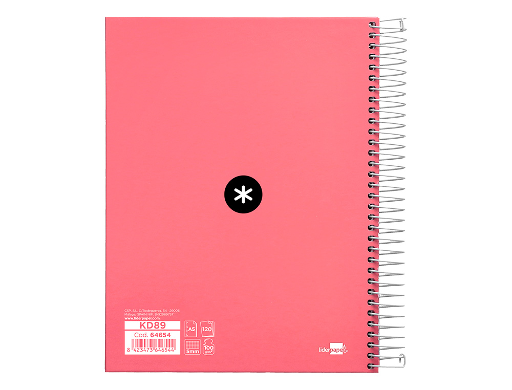 CAHIER SPIRALE ANTARTIK A5 240P 90G REMBORDE QUADRILLAGE 5MM MICROPERFORE 5 BANDES 6   TROUS COLORIS CORAIL