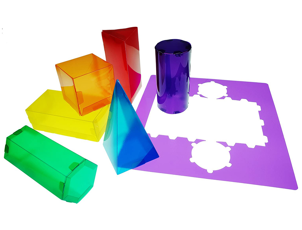 JEU HENBEA MODȒLES 3D PLASTIQUE FLEXIBLE FORMES GOMTRIQUES COULEURS TRANSLUCIDES 35X35CM SET