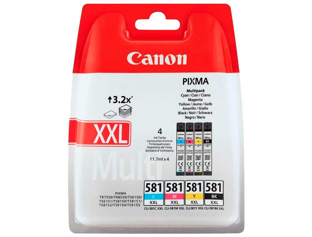 CARTOUCHE CANON PACK CLI 581 XXL CAPACIT 830 PAGES COULEURS NOIR CYAN MAGENTA JAUNE