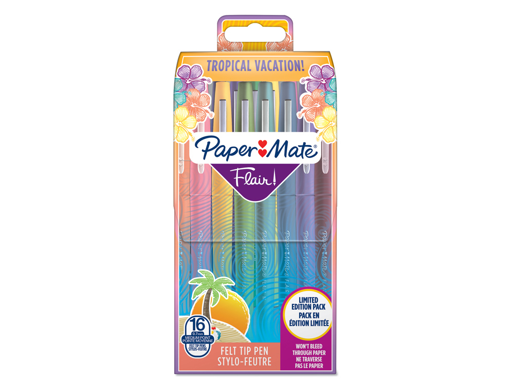 STYLO-FEUTRE PAPER MATE FLAIR TROPICAL POINTE MOYENNE 1MM CLIP MTAL MODERNE CORPS TEXTURE MATE BOTE DE 16 UNITS