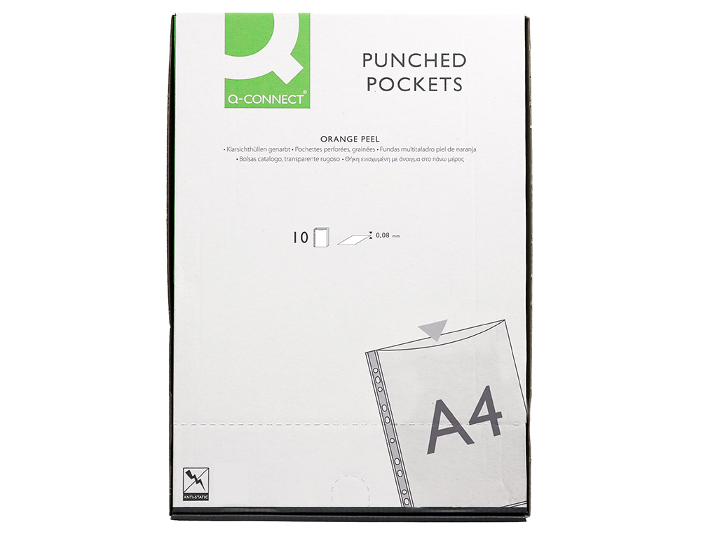 POCHETTE Q-CONNECT POLYPROPYLÈNE GRAINÉ 8/100E PERFORÉE ANTISTATIQUE A4 SACHET 10 UNITÉS