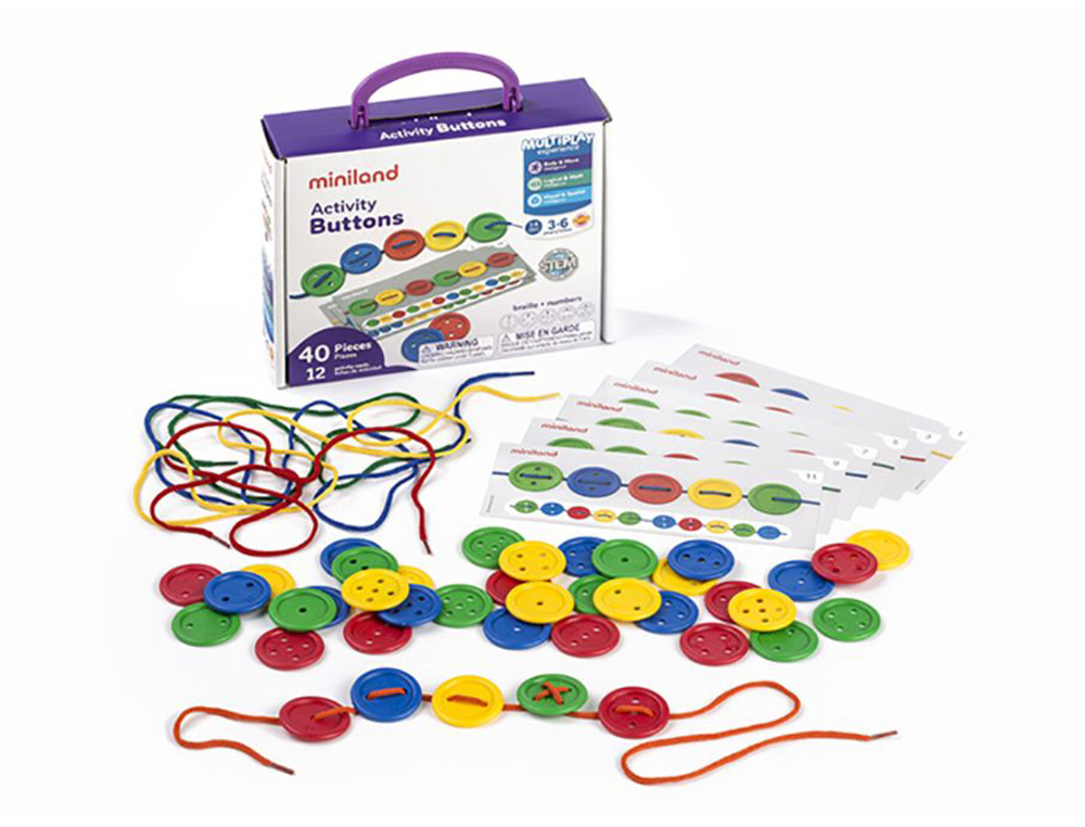 FICHE ACTIVITS BOUTONS MINILAND CONTIENT 40 PICES 5 LACETS ET 12 FICHES ACTIVITS 40MM