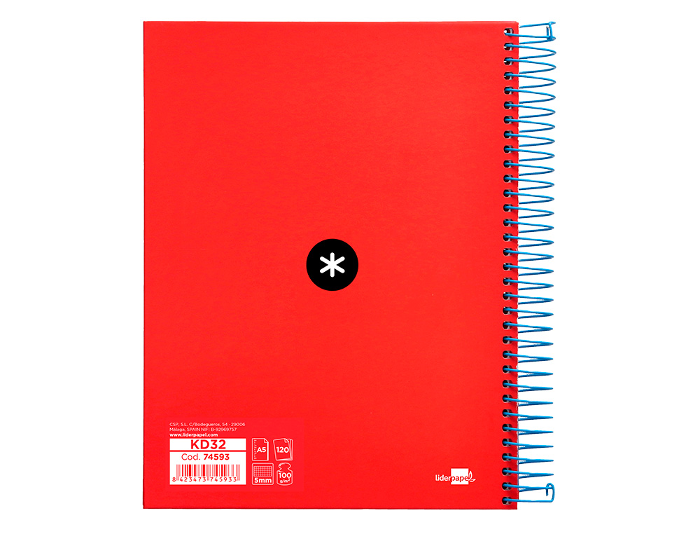 CAHIER SPIRALE ANTARTIK A5 240P 90G COUVERTURE REMBORDEE QUADRILLAGE 5MM 6 TROUS       COIL-LOCK COLORIS ROUGE