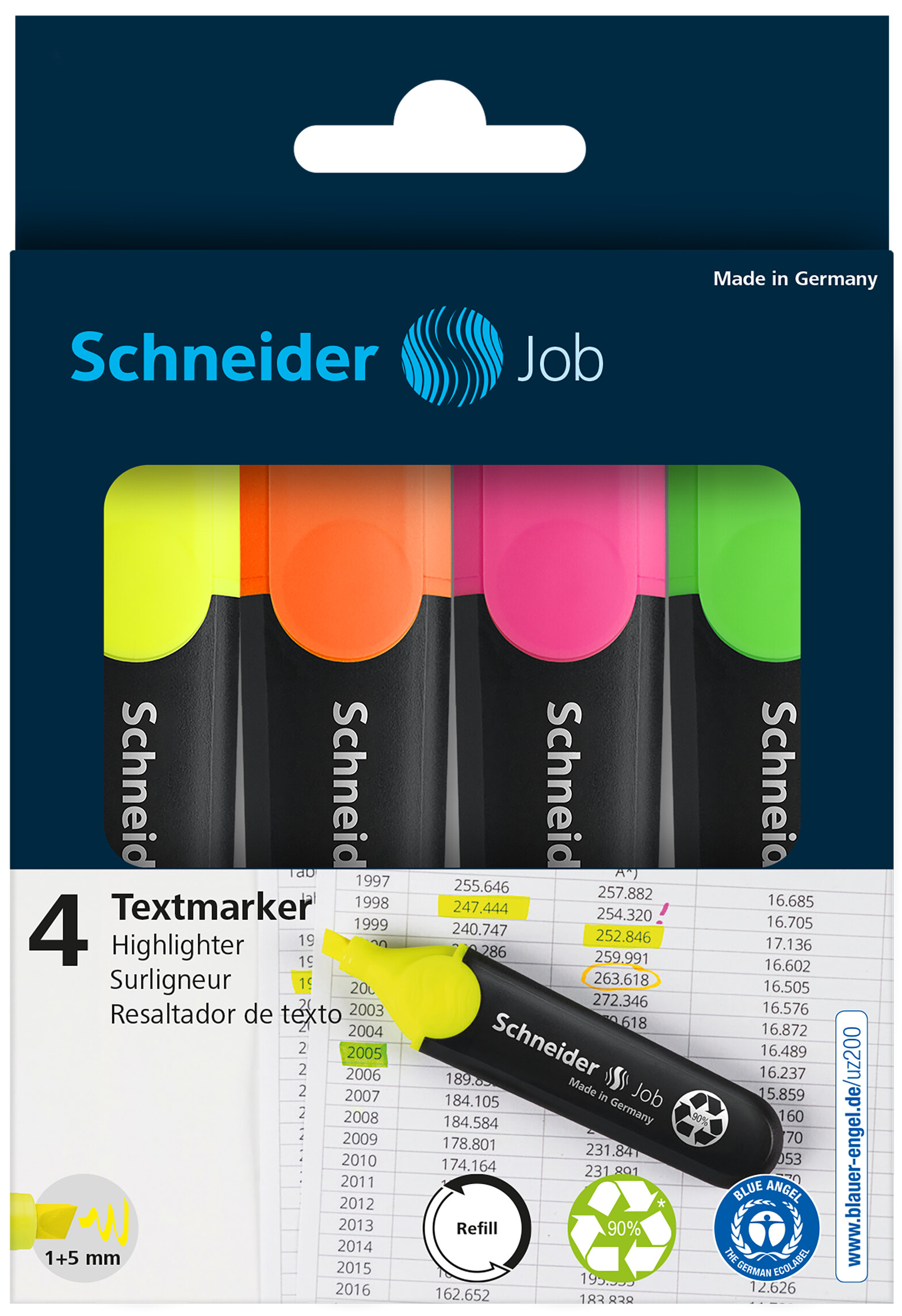 SURLIGNEUR SCHNEIDER JOB POINTE BISEAUTE RECHARGEABLE AVEC MAXX 660 REFILL STATION POCHETTE 4 COLORIS ASSORTIS