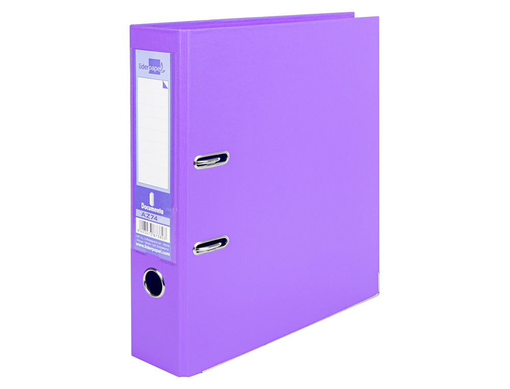 CLASSEUR LEVIER LIDERPAPEL A4 DOCUMENTA CARTON REMBORD 1,9MM DOS 75MM RADO MTALLIQUE COLORIS LILAS