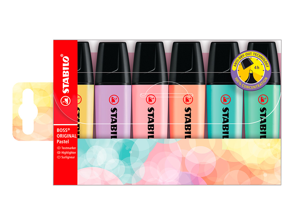 SURLIGNEUR STABILO BOSS PASTEL TRAC 2/5MM POINTE BISEAUTE ENCRE UNIVERSELLE BASE EAU RSISTANTE LUMIRE POCHETTE 6U