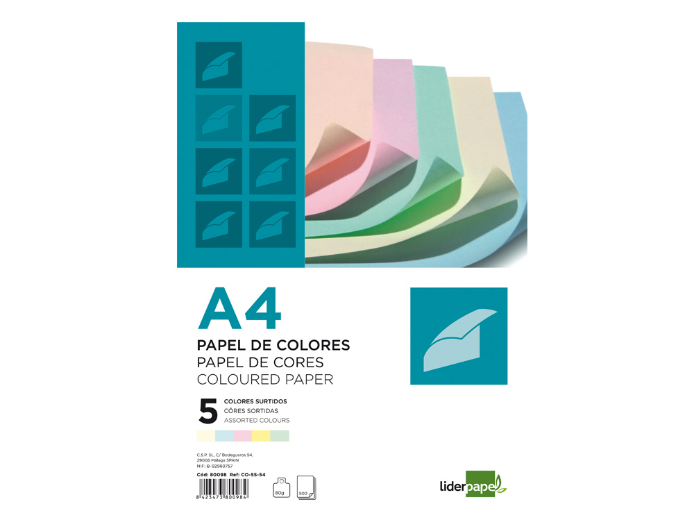 PAPIER COULEUR LIDERPAPEL MULTIFONCTION A4 80G/M2 5 COLORIS ASSORTIS JAUNE BLEU CRME ROSE VERT 500 FEUILLES
