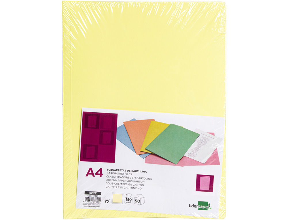 SOUS-CHEMISE LIDERPAPEL PAPIER CARTONNE 180G/M2       310X230MM DOCUMENT A4 COLORIS JAUNE PASTEL