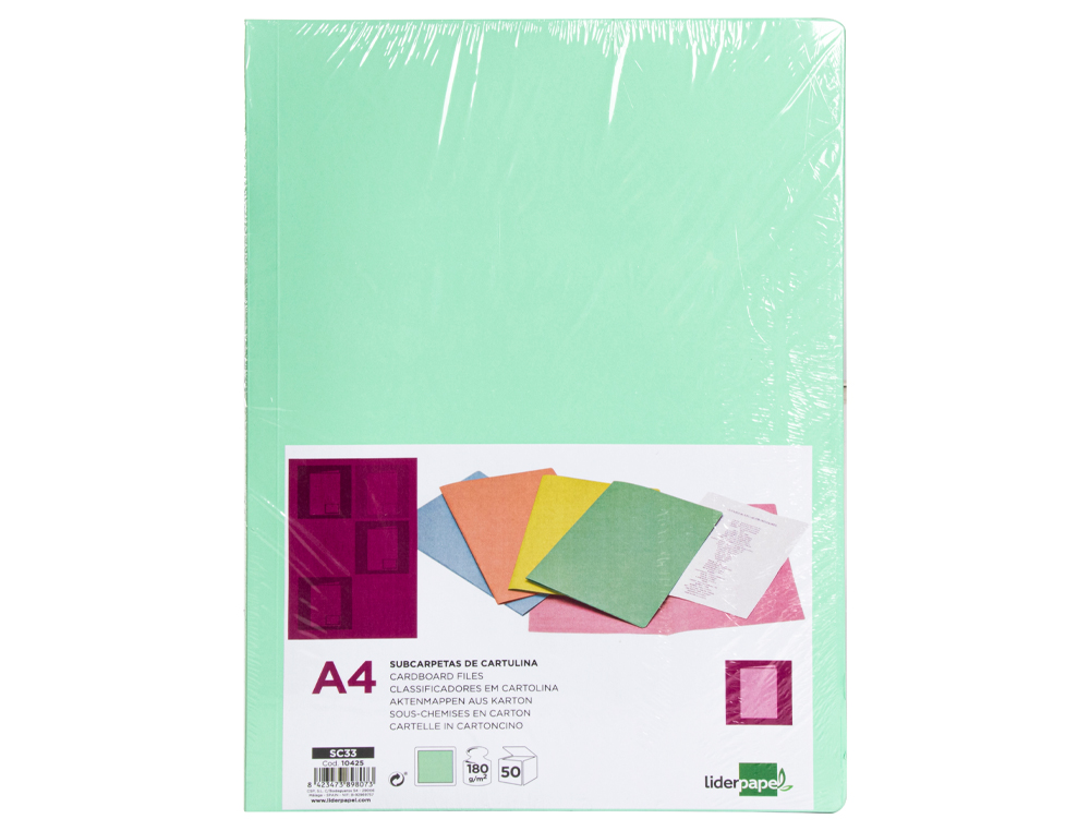 SOUS-CHEMISE LIDERPAPEL PAPIER CARTONNE 180G/M2       310X230MM DOCUMENT A4 COLORIS VERT PASTEL