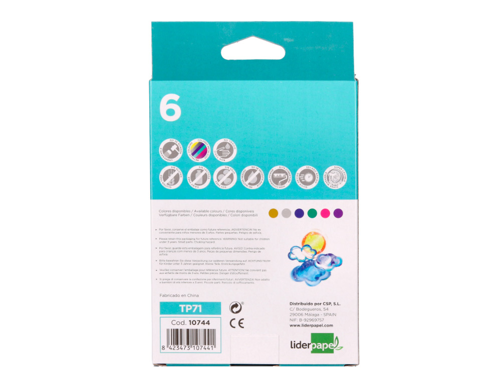 GOUACHE LIDERPAPEL SOLIDE BATON DE 10GR SANS SOLVANT SECHAGE RAPIDE COLORIS ASSORTIS BOITE DE 6 UNITES