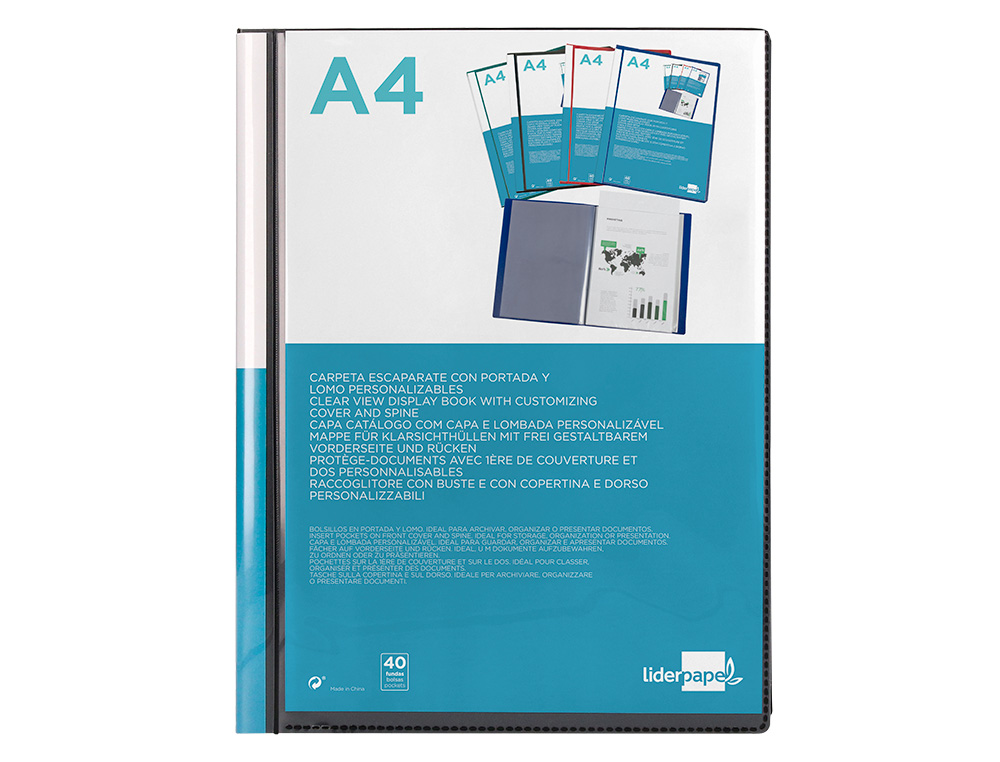 PROTGE-DOCUMENTS LIDERPAPEL PERSONNALISABLE KANGOUROU POLYPROPYLNE 40 POCHETTES FIXES A4 210X297MM COLORIS NOIR