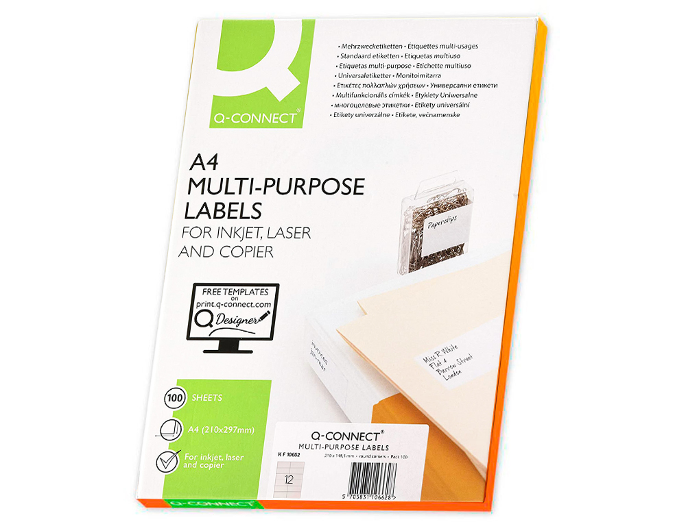 TIQUETTE ADHSIVE Q-CONNECT 105X48MM COINS DROITS IMPRIMANTE JET D'ENCRE LASER COPIEUR BOTE 100 FEUILLES 1200 UNITS