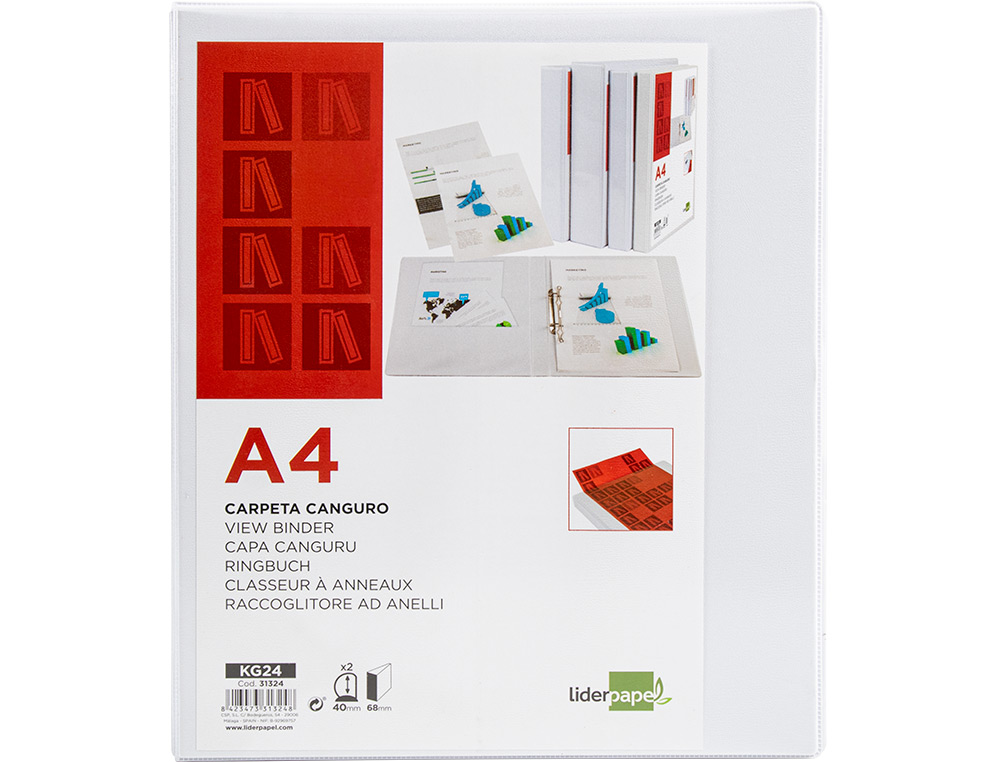 CLASSEUR KANGOUROU LIDERPAPEL 2 ANNEAUX 40MM 283X320MM DOCUMENT A4 PLASTIQUE DOS 68MM COLORIS BLANC
