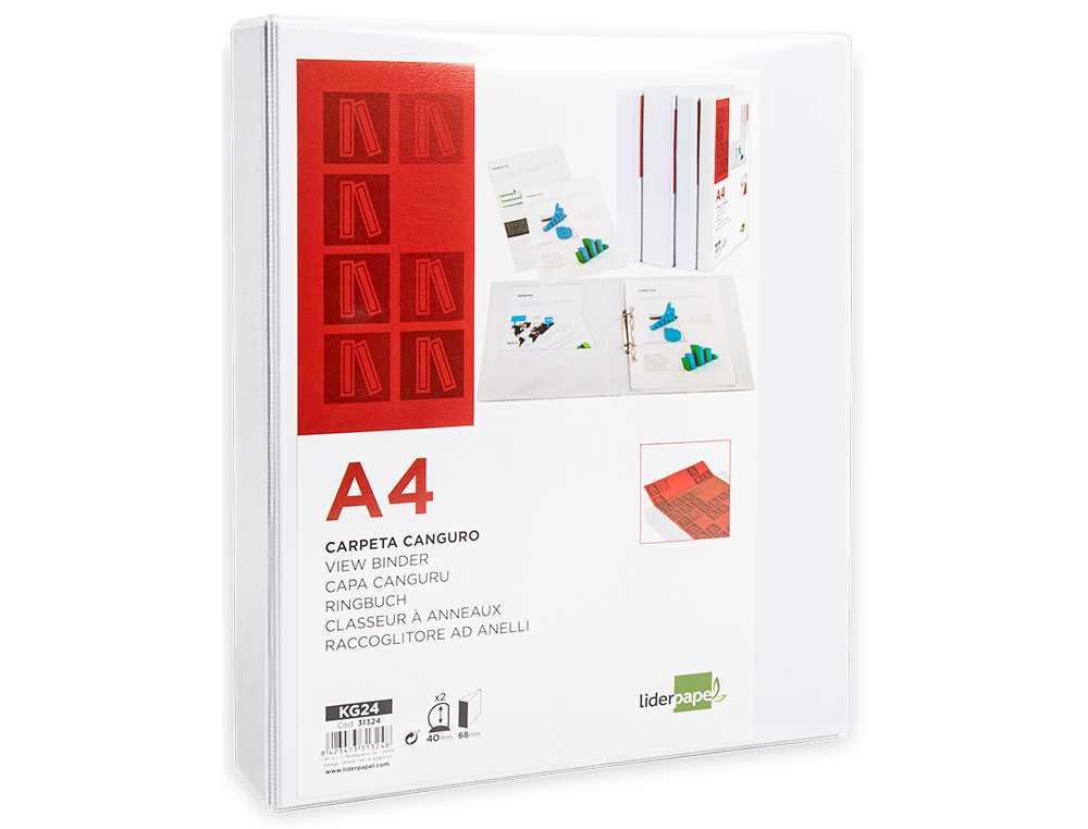 CLASSEUR KANGOUROU LIDERPAPEL 2 ANNEAUX 40MM 283X320MM DOCUMENT A4 PLASTIQUE DOS 68MM COLORIS BLANC