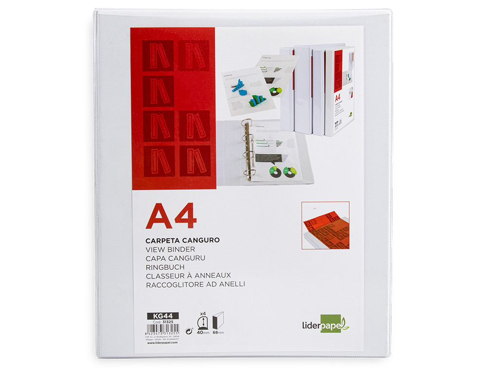 CLASSEUR KANGOUROU LIDERPAPEL 4 ANNEAUX 40MM 283X320MM DOCUMENT A4 PLASTIQUE DOS 68MM COLORIS BLANC