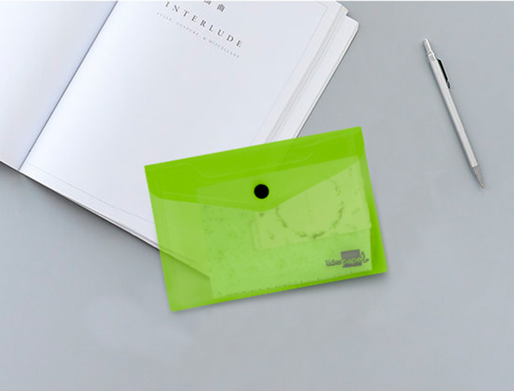 POCHETTE ENVELOPPE LIDERPAPEL POLYPROPYLNE 180 MICRONS A7 105X74MM 50F FERMETURE BOUTON RSISTANT TRANSPARENT VERT