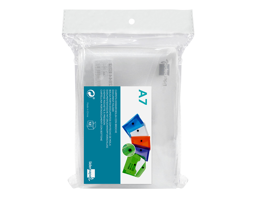 POCHETTE ENVELOPPE LIDERPAPEL POLYPROPYLNE 180 MICRONS A7 105X74MM 50F FERMETURE BOUTON RSISTANT TRANSPARENT