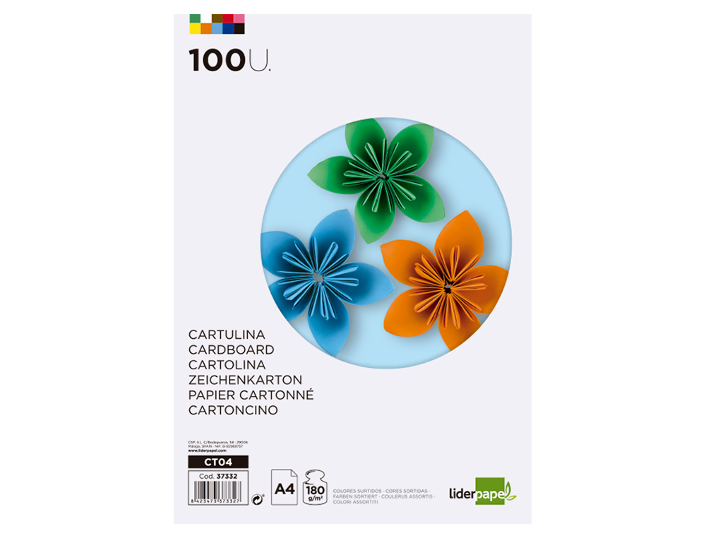 PAPIER CARTONN LIDERPAPEL A4 180G/M2 10 COLORIS ASSORTIS PAQUET 100F