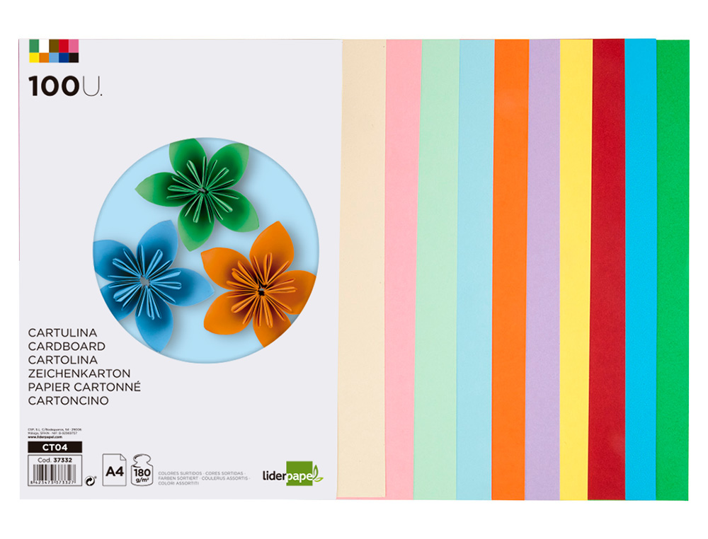 PAPIER CARTONN LIDERPAPEL A4 180G/M2 10 COLORIS ASSORTIS PAQUET 100F