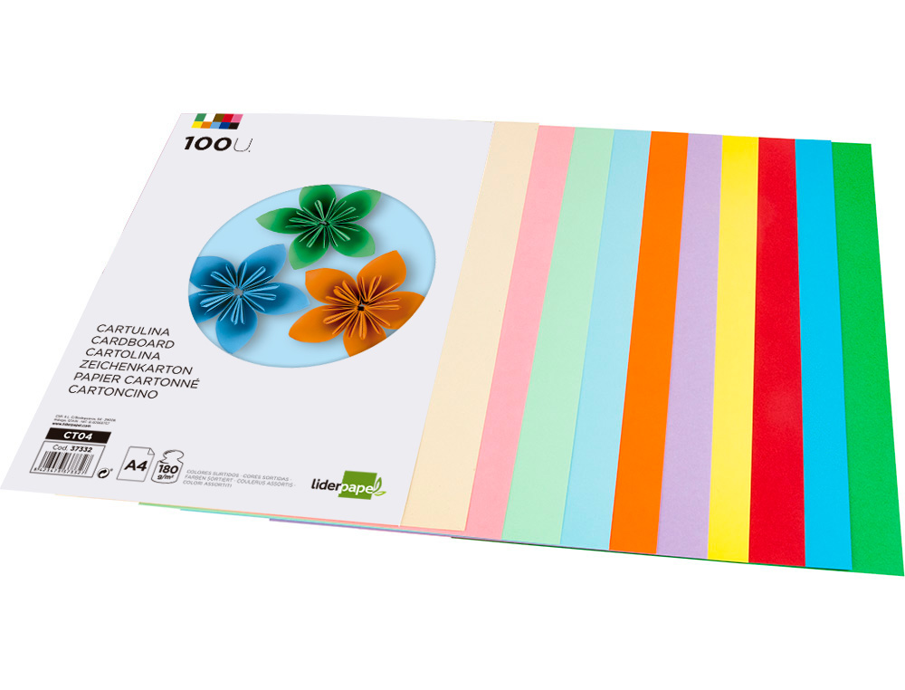 PAPIER CARTONN LIDERPAPEL A4 180G/M2 10 COLORIS ASSORTIS PAQUET 100F