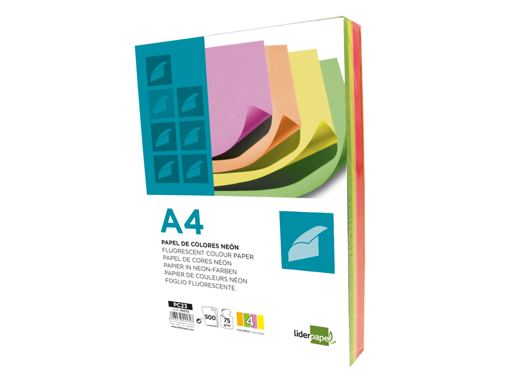 PAPIER COULEUR NÉON LIDERPAPEL MULTIFONCTION A4 75G 4 COLORIS ASSORTIS NÉONS JAUNE ORANGE ROSE VERT 500F