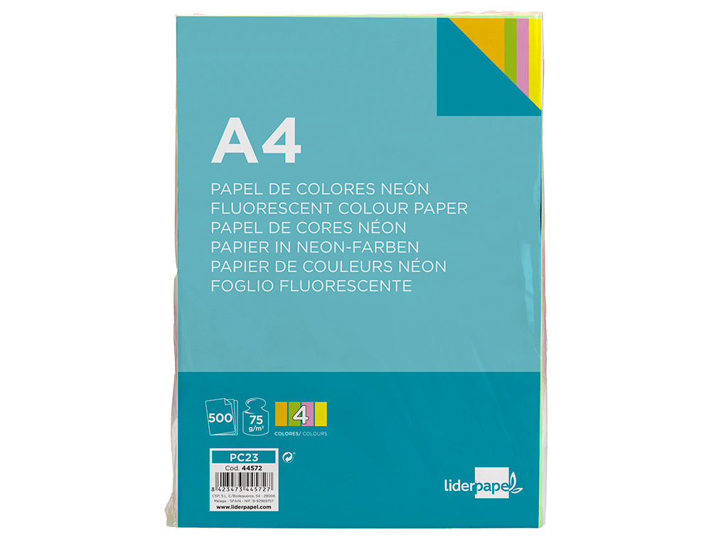 PAPIER COULEUR NÉON LIDERPAPEL MULTIFONCTION A4 75G 4 COLORIS ASSORTIS NÉONS JAUNE ORANGE ROSE VERT 500F