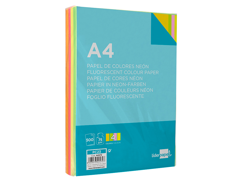 PAPIER COULEUR NÉON LIDERPAPEL MULTIFONCTION A4 75G 4 COLORIS ASSORTIS NÉONS JAUNE ORANGE ROSE VERT 500F