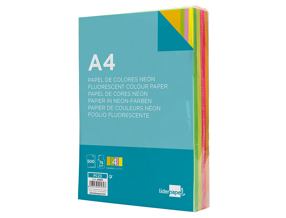 PAPIER COULEUR NÉON LIDERPAPEL MULTIFONCTION A4 75G 4 COLORIS ASSORTIS NÉONS JAUNE ORANGE ROSE VERT 500F