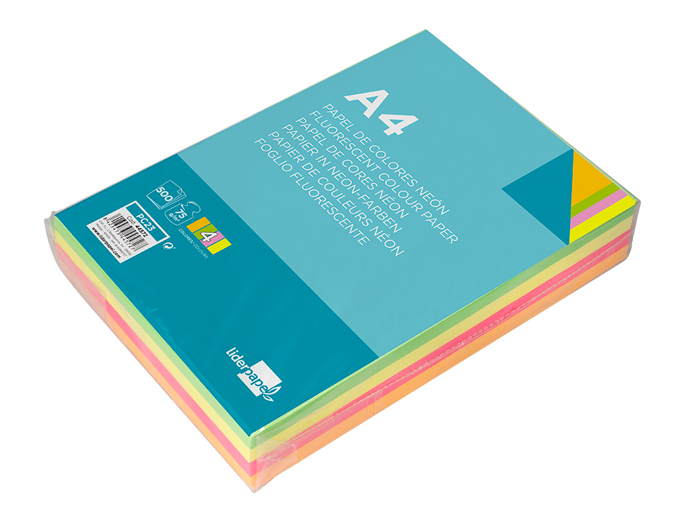 PAPIER COULEUR NÉON LIDERPAPEL MULTIFONCTION A4 75G 4 COLORIS ASSORTIS NÉONS JAUNE ORANGE ROSE VERT 500F