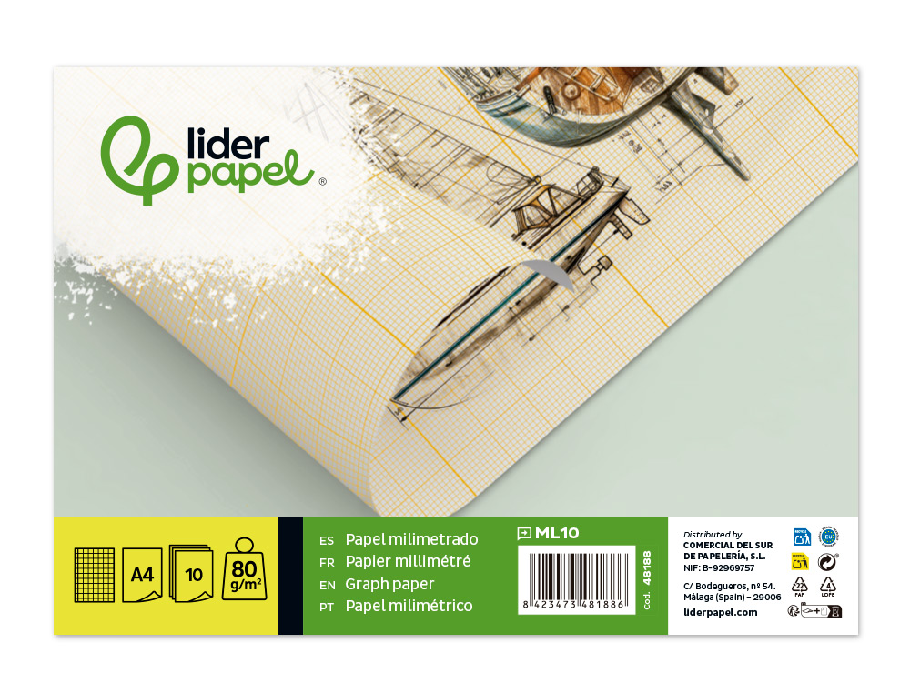 PAPIER MILLIMTR LIDERPAPEL 1MM 80G/M2 FEUILLE A4 210X297MM MINIPACK 10F